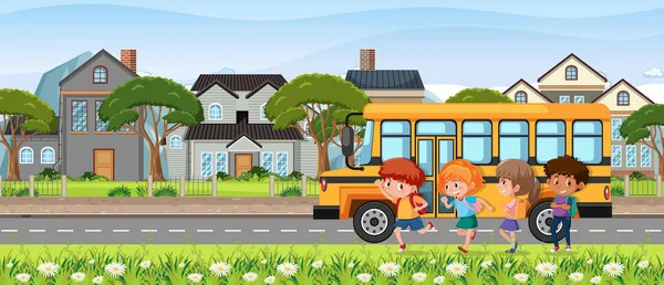 Children Going School Bus Illustration — Stock Vector