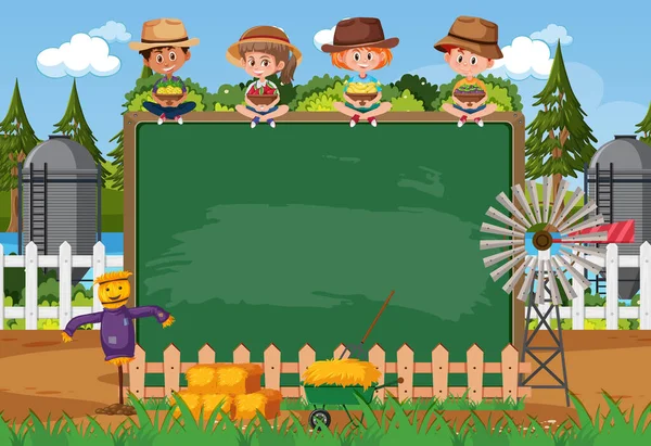 Pizarra Vacía Con Niños Agricultores Escena Granja Ilustración — Vector de stock