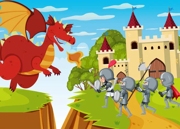 Cavaleiros Lutam Com Dragão Ilustração Castelo — Vetor de Stock