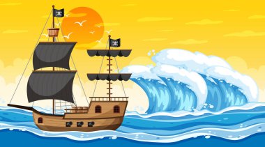 Günbatımı sahnesinde Korsan gemisiyle okyanus karikatür tarzı illüstrasyon