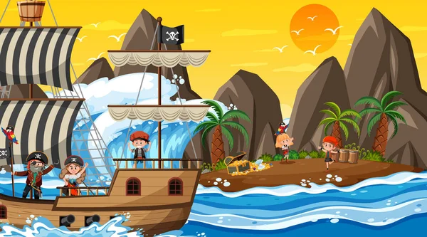 Сцена Острове Сокровищ Закате Иллюстрацией Детей Пиратов — стоковый вектор