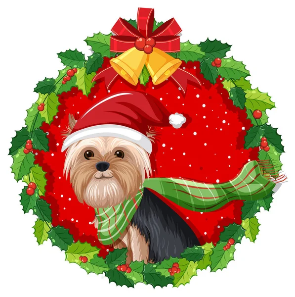 Lindo Perro Yorkshire Terrier Corona Navidad Ilustración Aislada — Vector de stock