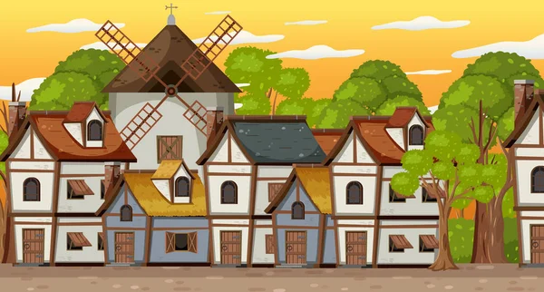 Mittelalterliche Dorfszene Mit Windmühle Und Häusern — Stockvektor
