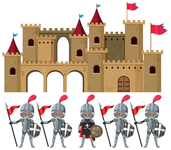 Set Van Ridders Kasteel Middeleeuwse Leeftijd Illustratie — Stockvector