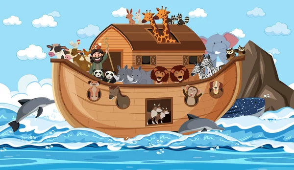 Noah Ark Met Dieren Oceaan Scene Illustratie — Stockvector