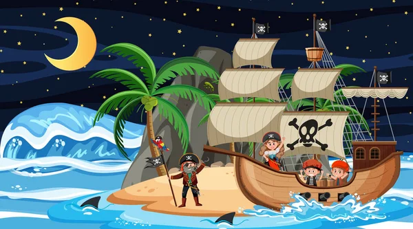 Gece Sahnesinde Korsan Gemisinin Olduğu Ada Karikatür Stili Illüstrasyonunda — Stok Vektör