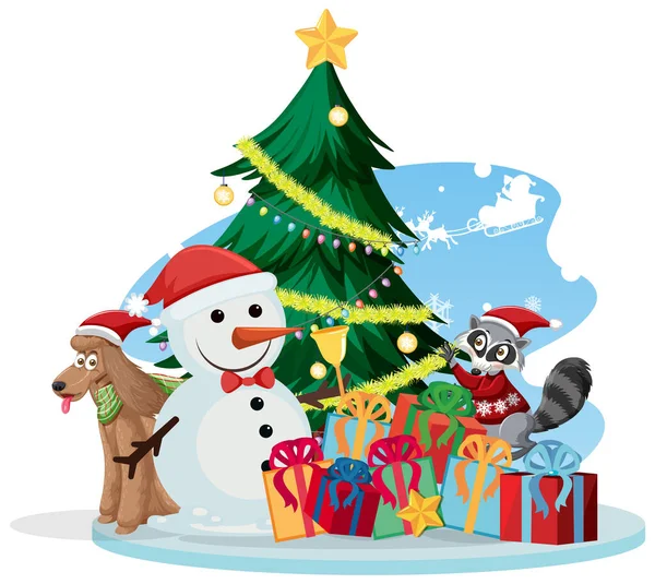 Santa Claus Con Muñeco Nieve Árbol Navidad Ilustración — Vector de stock