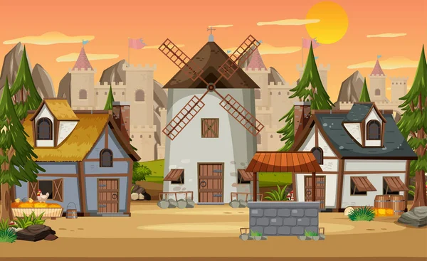 Aldeia Medieval Com Moinho Vento Casas Ilustração — Vetor de Stock