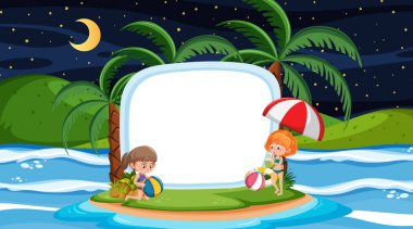 Çocuklar plaj gecesi sahnesinde boş bir pankartla tatildeler.