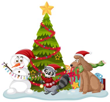 Beyaz arkaplanda sevimli hayvanlar olan Noel ağacı