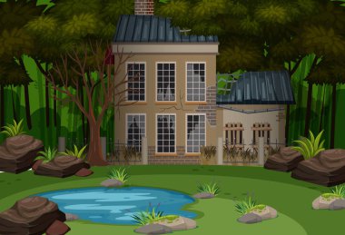 Karanlık orman illüstrasyonunda terk edilmiş bir ev sahnesi