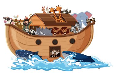 Nuh 'un gemisindeki hayvanlar ve beyaz arkaplanda izole edilmiş deniz dalgaları.