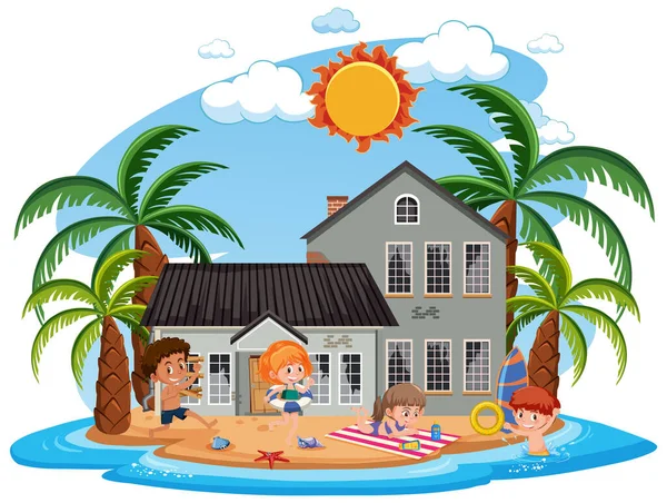 Enfants Devant Une Vieille Maison Plage Illustration — Image vectorielle