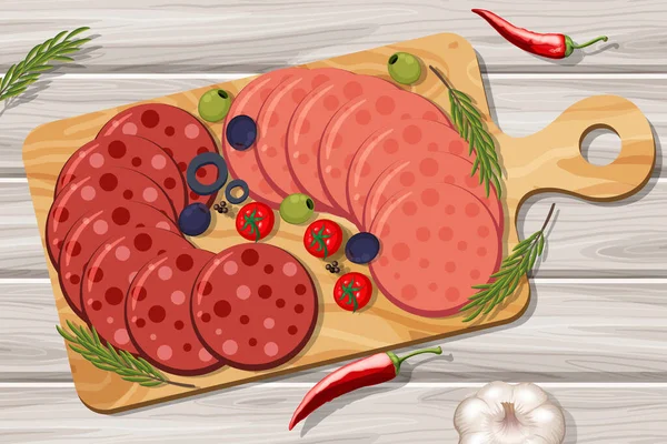 Schaal Van Koud Vlees Salami Peperoni Tafel Achtergrond Illustratie — Stockvector