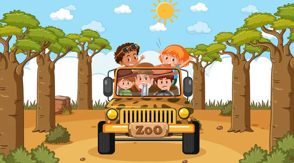 Zoo Dzień Scena Wieloma Dziećmi Samochód Jeep Ilustracja — Wektor stockowy