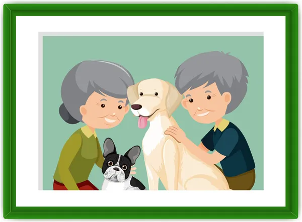 Sebuah Gambar Pasangan Tua Dengan Ilustrasi Anjing Mereka - Stok Vektor