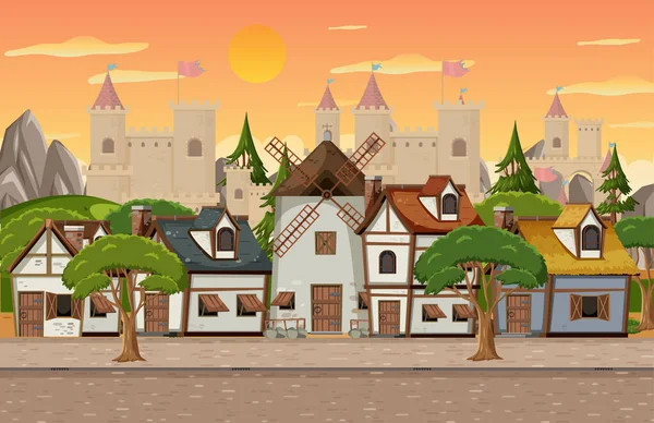 Средневековая Деревенская Сцена Мельницей Иллюстрациями Домов — стоковый вектор