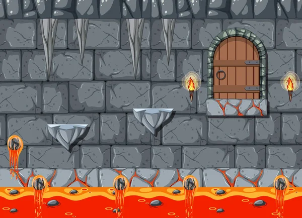 溶岩洞窟プラットフォームのゲームテンプレートのイラスト — ストックベクタ