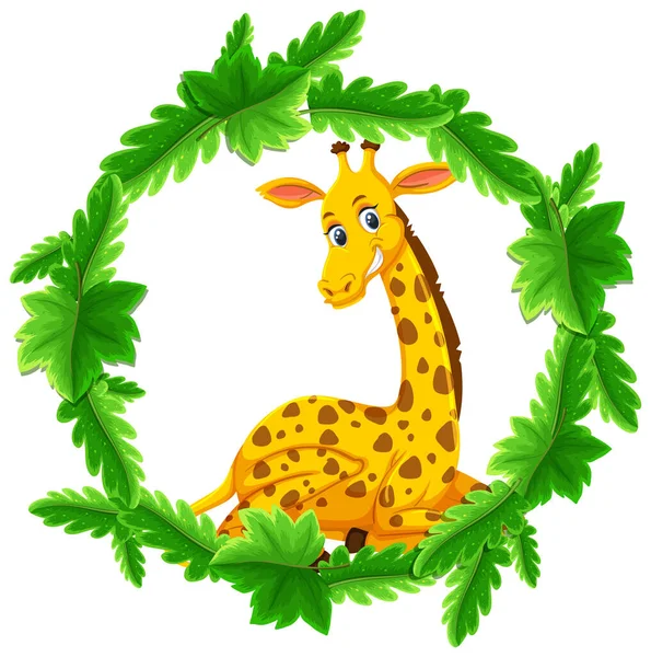 Rodada Verde Folhas Banner Template Com Desenho Animado Girafa Personagem —  Vetores de Stock