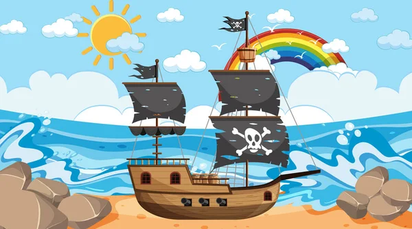 Ocean Pirate Ship Day Time Scene Cartoon Style Illustration - Stok Vektor
