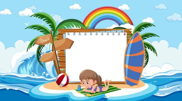 Modello Banner Vuoto Con Bambini Vacanza Sulla Spiaggia Illustrazione Della — Vettoriale Stock