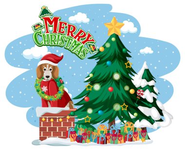 Noel ağacı ve şirin köpek resimli Mutlu Noeller metin logosu