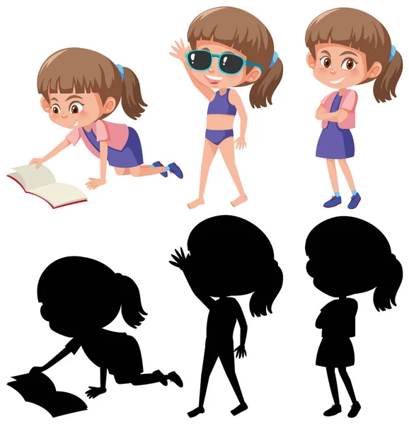 Conjunto Personaje Dibujos Animados Chica Diferentes Posiciones Con Silueta Ilustración — Archivo Imágenes Vectoriales