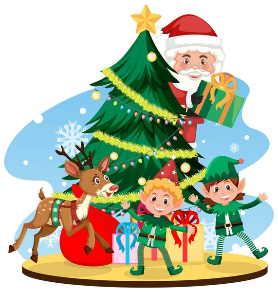 Weihnachtsmann Mit Elfen Und Rentieren Illustration — Stockvektor