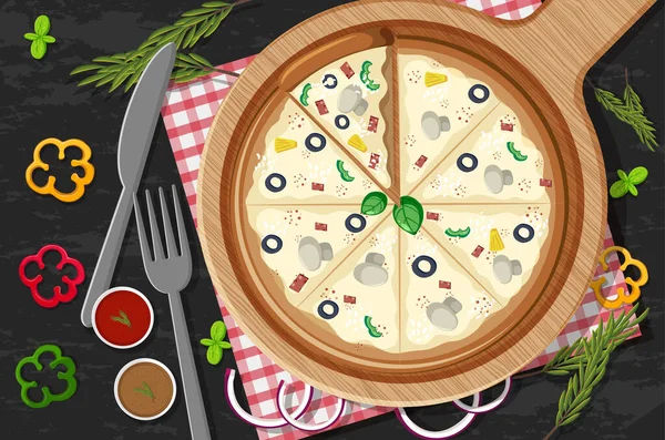 Pizza Piatto Legno Con Varie Verdure Tavola Sfondo Illustrazione — Vettoriale Stock