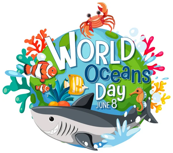 Světový Oceán Den Prapor Mořskými Živočichy Kreslený Znak Ilustrace — Stockový vektor