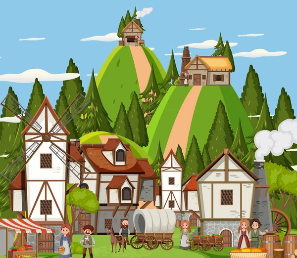 Mittelalterliche Stadtlandschaft Mit Dorfbewohnern — Stockvektor