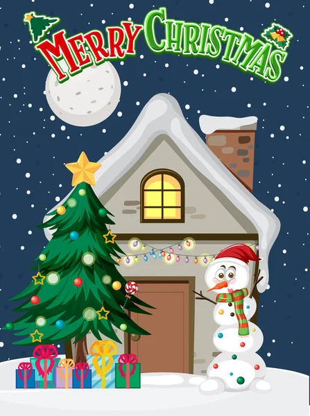 Veselé Vánoční Plakát Sněhulákem Zimní Dům Ilustrace — Stockový vektor