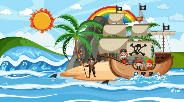 Παραλία Πειρατικό Πλοίο Κατά Διάρκεια Της Ημέρας Σκηνή Εικονογράφηση Στυλ — Διανυσματικό Αρχείο