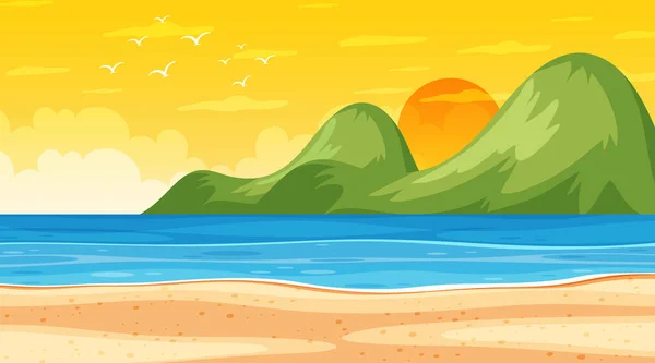 Paisagem Praia Pôr Sol Com Ilustração Ondas Oceânicas —  Vetores de Stock