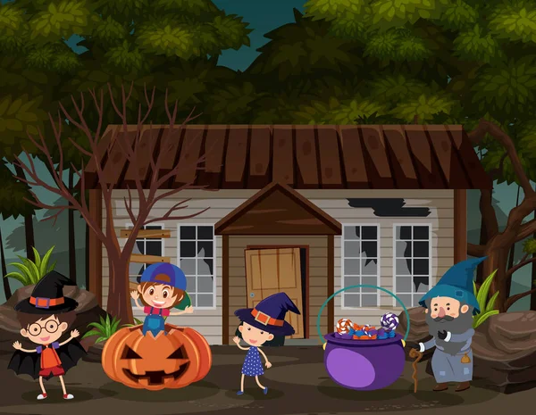 Los Niños Celebran Halloween Casa Embrujada Ilustración — Vector de stock