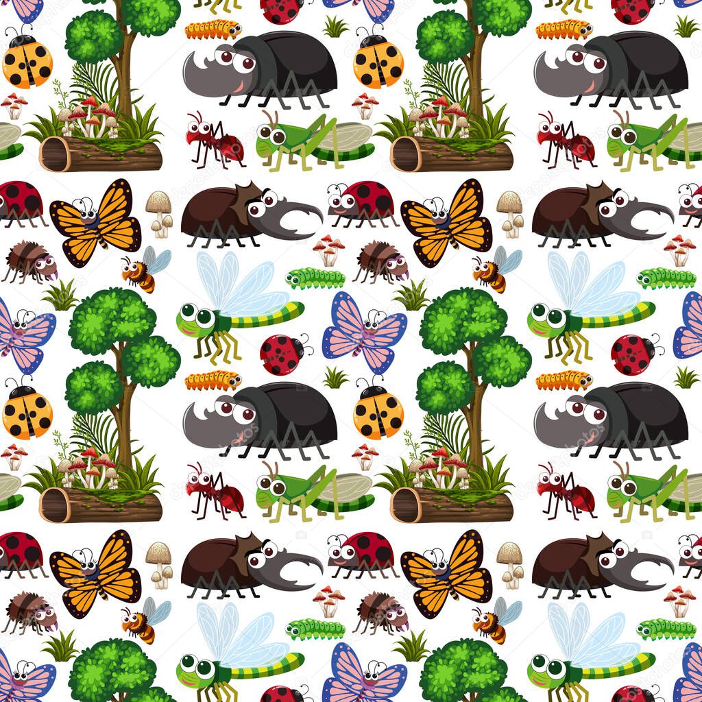 Seamless pattern with many different insects character illustration