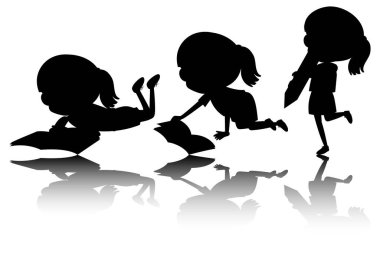 Beyaz arkaplan illüstrasyonunda refleksli bir grup çocuk silueti