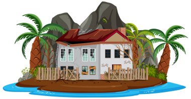 Adadaki terk edilmiş ev, izole edilmiş resimdir.