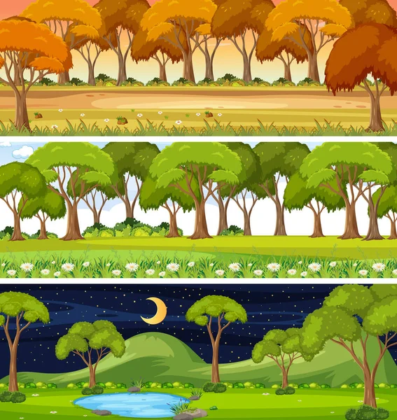 Set Three Different Nature Horizontal Scenes Illustration — Stock Vector