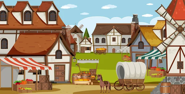 带有风车和房屋插图的中世纪村景 — 图库矢量图片