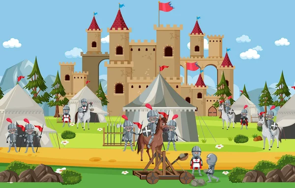 Mittelalterliches Militärlager Mit Zelten Und Soldaten Illustration — Stockvektor