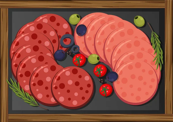 Lounas Lihaa Asetettu Pepperoni Salami Lautasella Kuva — vektorikuva