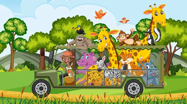 Scena Safari Giorno Con Animali Selvatici Sull Illustrazione Dell Auto — Vettoriale Stock