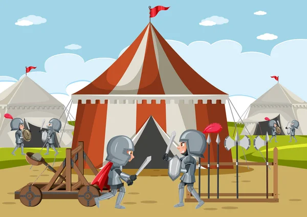 带有帐篷和武器插图的中世纪军营 — 图库矢量图片