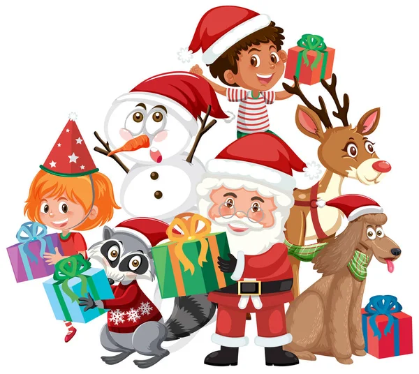 Weihnachtsmann Mit Zeichentrickfiguren Weihnachten — Stockvektor