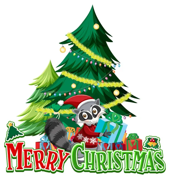 Merry Christmas Font Christmas Tree Raccoon Illustration — Stock Vector