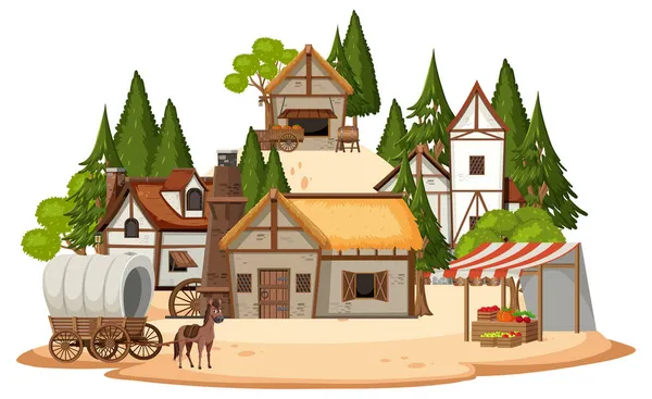 Starożytna Średniowieczna Wieś Odizolowana Białym Tle Ilustracji — Wektor stockowy