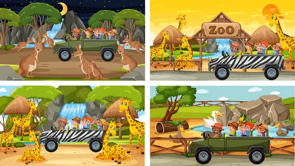 Set Diverse Scene Safari Con Animali Bambini Illustrazione Del Personaggio — Vettoriale Stock