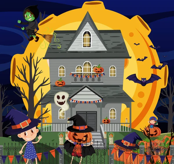 Hemsökt Halloween Herrgård Natten Illustration — Stock vektor