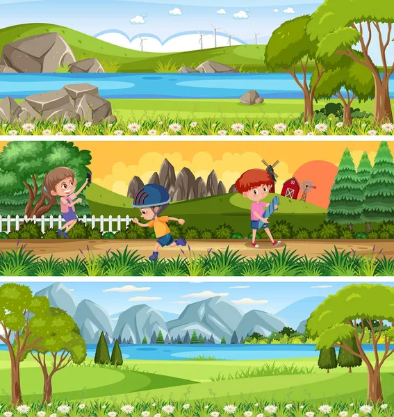 Different Panoramic Nature Landscape Set Cartoon Character Illustration — Stock Vector